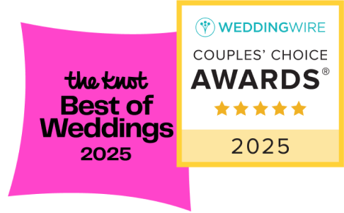 Image showing awards: "The Knot Best of Weddings 2025" in pink, and "WeddingWire Couples' Choice Awards 2025" with a five-star rating.