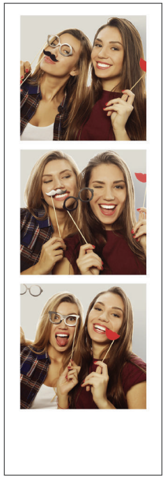 Two women smiling and posing with playful props, including paper glasses and lips, in a photo booth style series of four images.