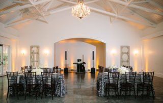 A room with tables and chairs set up for a wedding reception.