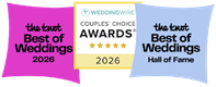 awards-2026 Three award badges: "The Knot Best of Weddings 2026," "WeddingWire Couples' Choice Awards 2026," and "The Knot Best of Weddings Hall of Fame.