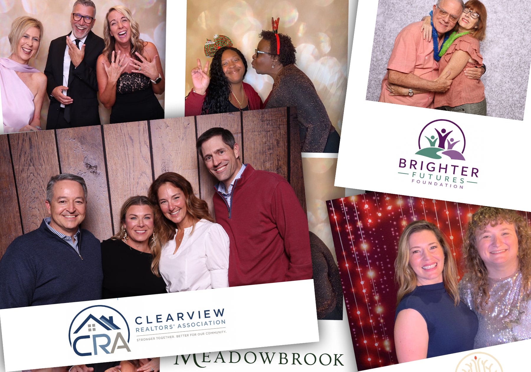 A collage of group and couple portraits at an event, with people smiling and posing together in front of various photo backdrops and branded signs.