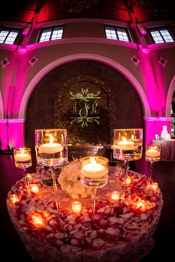 A table with candles on it.