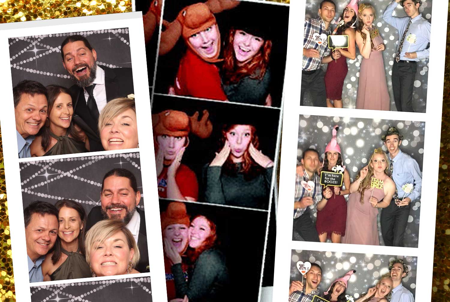 Photo booth-style collage showing groups of people posing with props and various facial expressions against patterned backdrops.