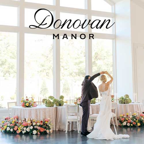 A bride and groom dance in a bright, elegant room with large windows, floral arrangements, and "Donovan Manor" written above them.