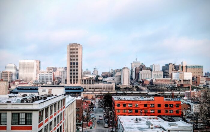 A view of the city from a rooftop.
