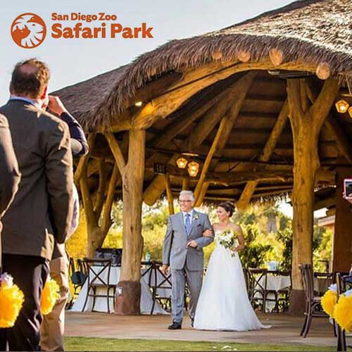 San Diego Zoo Safari Park A bride walks down the aisle with an older man at an outdoor wedding ceremony under a rustic wooden pavilion at San Diego Zoo Safari Park.