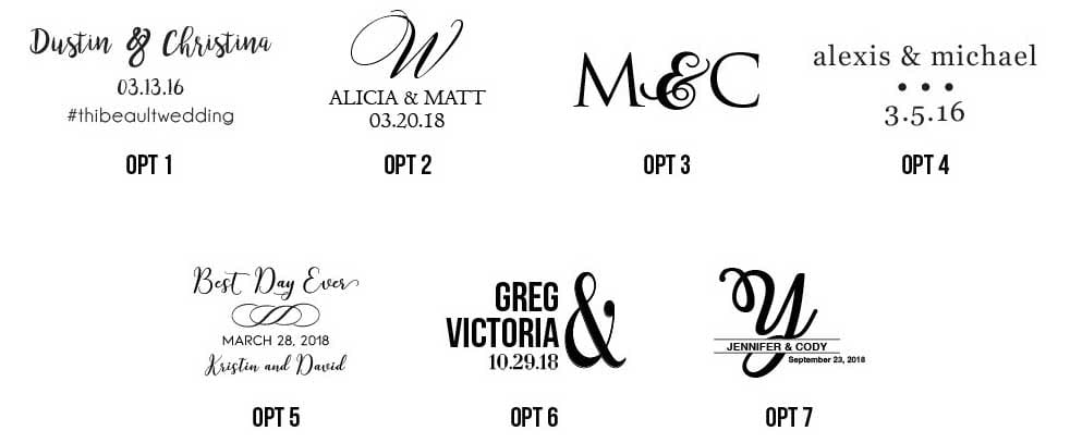 Seven black and white wedding monogram logo options, each featuring different names, dates, and typography styles, arranged in two rows and numbered Opt 1 to Opt 7.