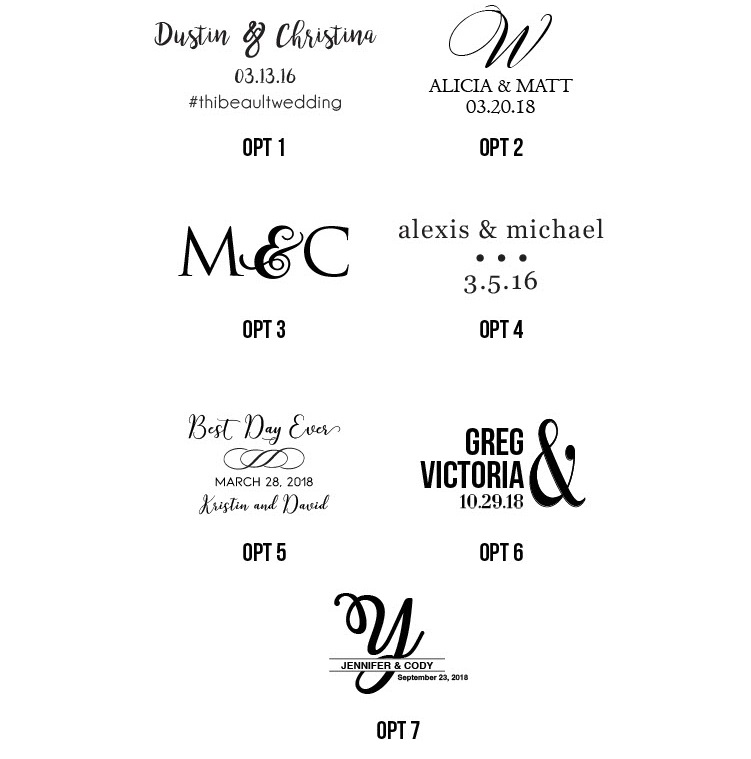 Graphic showcasing seven wedding logo samples with dates, initials of couples, and stylistic typography variations.