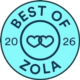 zola-2026 A circular blue badge displays the text "Best of Zola 2026" with two interlocking heart outlines in the center.
